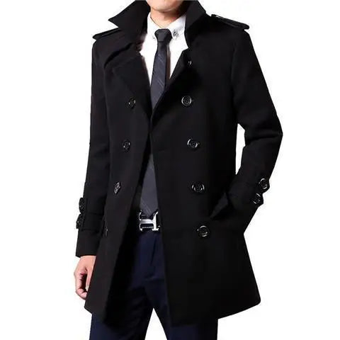 Winter Woolen Double-breasted Trench Coat For Men Medium-length Slimming Overcoat British Style