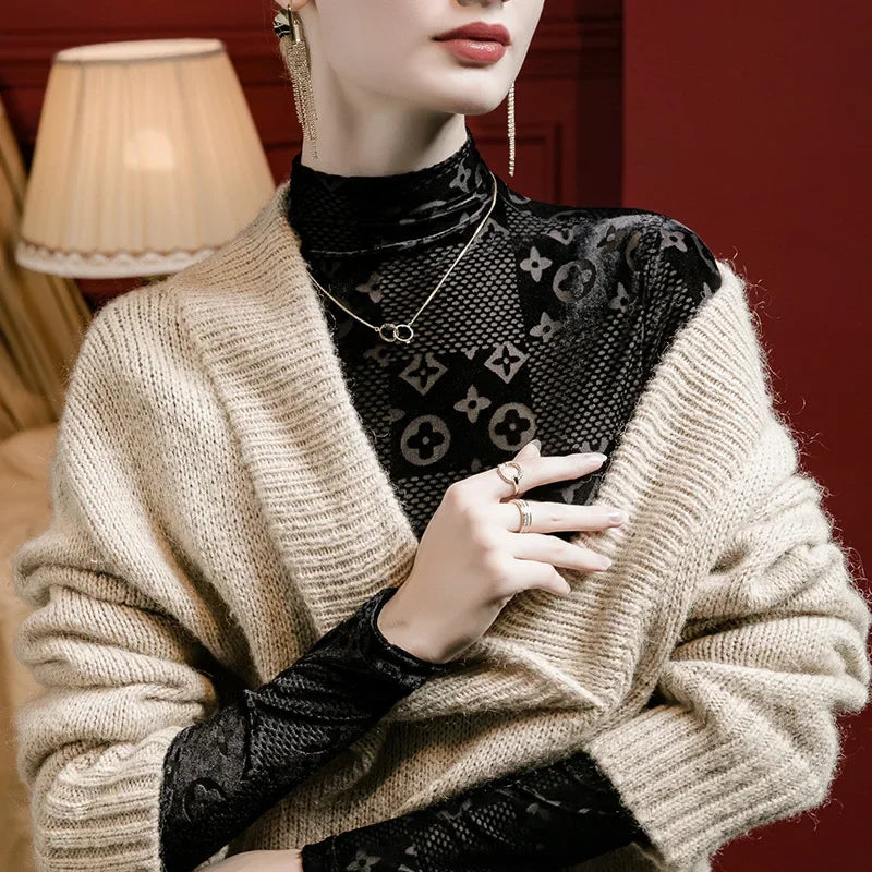 New 2025 Women Tops Print Flocking Winter Autumn T-Shirt Female Clothing Sexy Crop Tops Clothes Casual Blouse Y2k Girl Alo