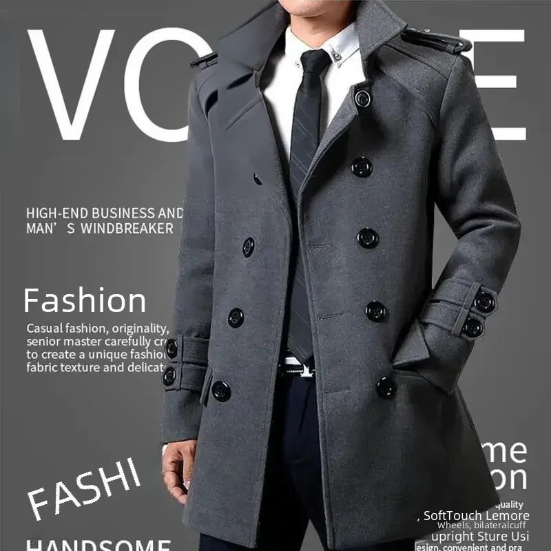 Winter Woolen Double-breasted Trench Coat For Men Medium-length Slimming Overcoat British Style