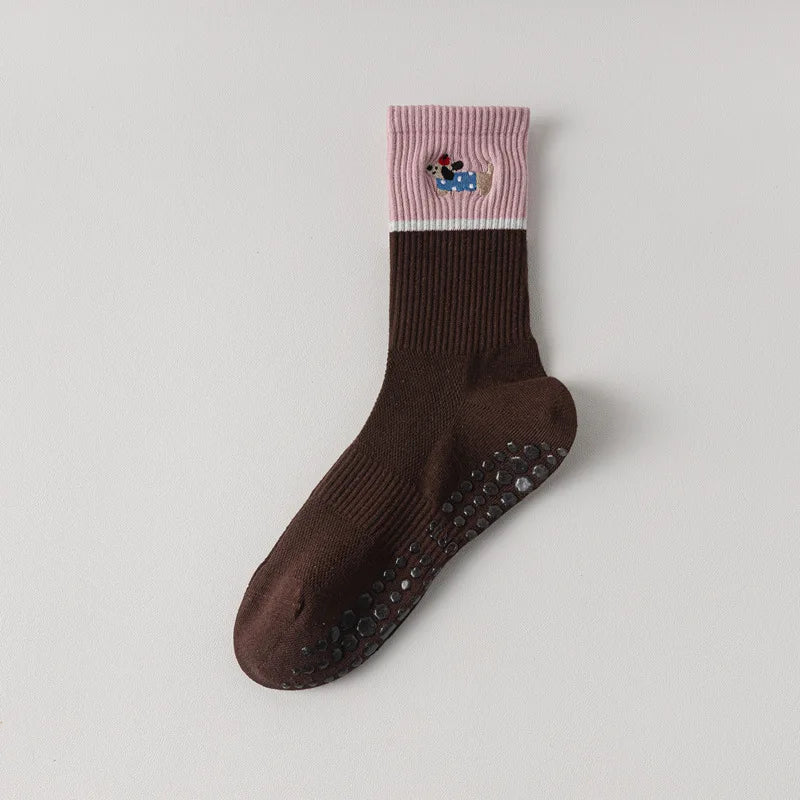 Yoga Socks Women Silicone Anti-slip Professional Indoor Workout Pilates Socks Cartoon Dog Embroidery Cute Fitness Sports Socks