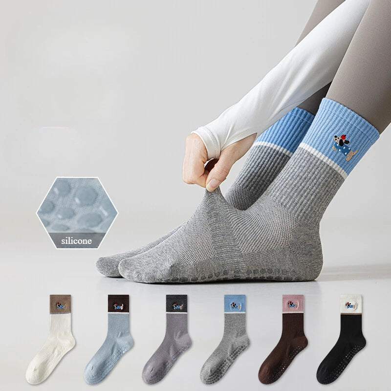 Yoga Socks Women Silicone Anti-slip Professional Indoor Workout Pilates Socks Cartoon Dog Embroidery Cute Fitness Sports Socks