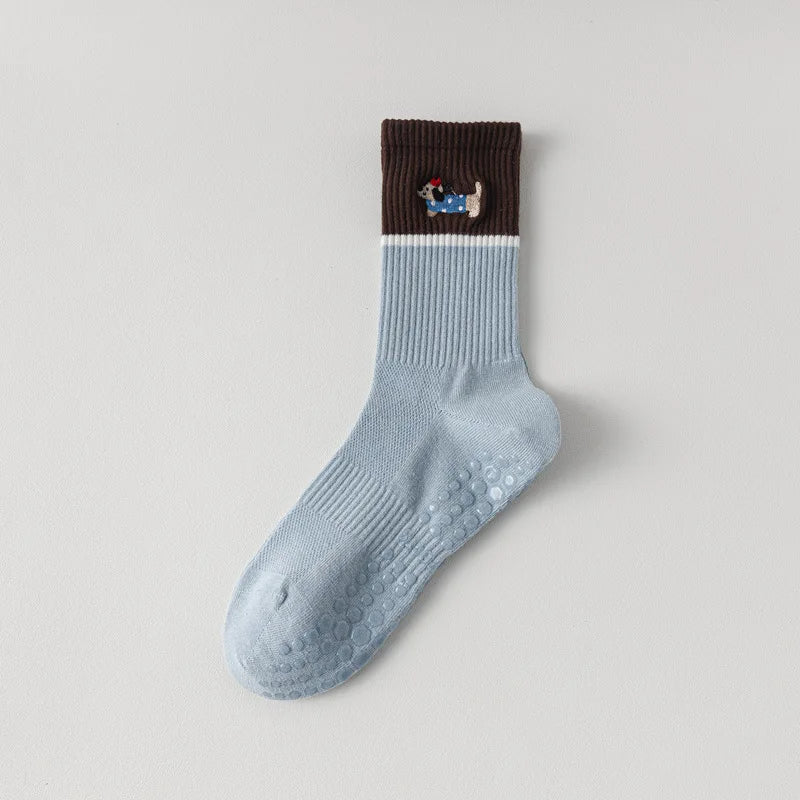 Yoga Socks Women Silicone Anti-slip Professional Indoor Workout Pilates Socks Cartoon Dog Embroidery Cute Fitness Sports Socks