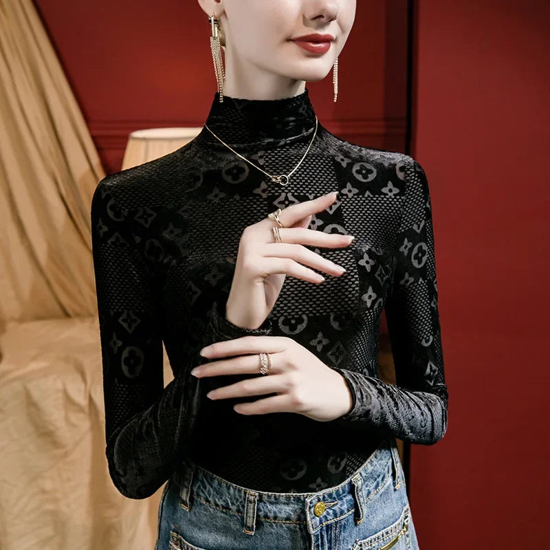 New 2025 Women Tops Print Flocking Winter Autumn T-Shirt Female Clothing Sexy Crop Tops Clothes Casual Blouse Y2k Girl Alo