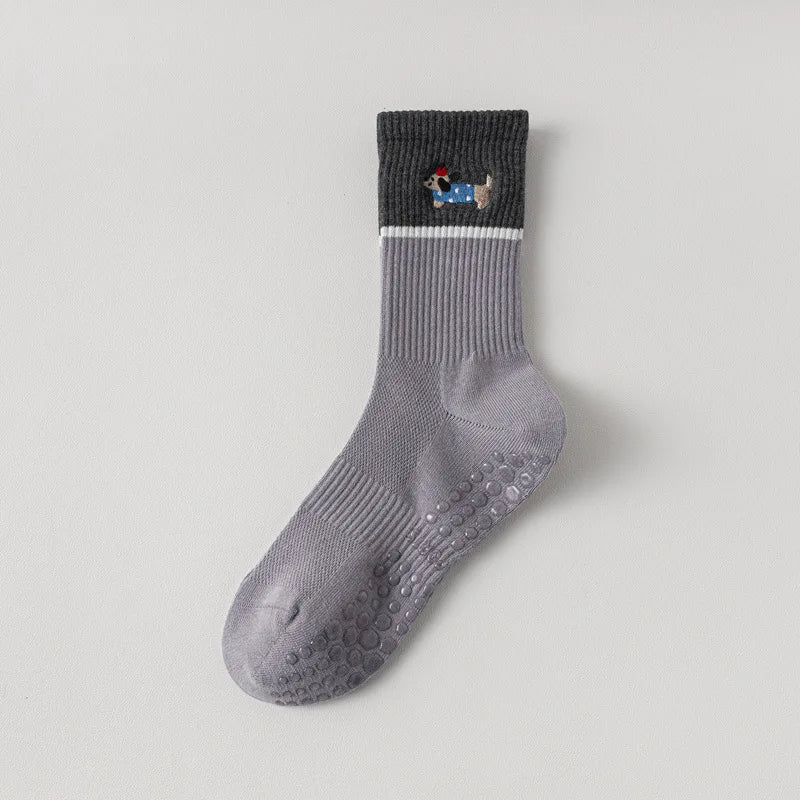Yoga Socks Women Silicone Anti-slip Professional Indoor Workout Pilates Socks Cartoon Dog Embroidery Cute Fitness Sports Socks