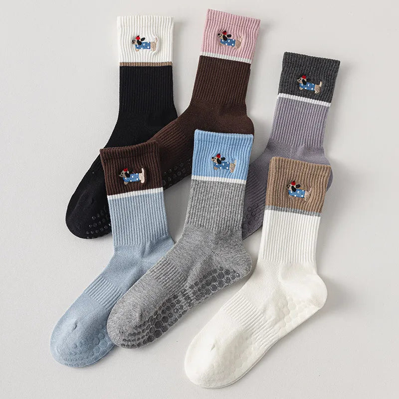 Yoga Socks Women Silicone Anti-slip Professional Indoor Workout Pilates Socks Cartoon Dog Embroidery Cute Fitness Sports Socks