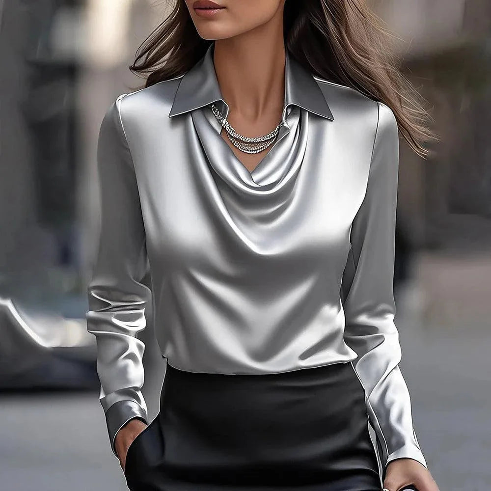 2025 Autumn Elegant Women's Satin Shirt Blouse Print V-neck Swing Neck Long-sleeved Solid Color Loose Shirt Casual Top Office