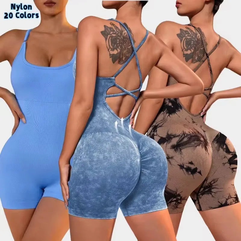 women's gym yoga set tight fitting short high elasticity integrated exercise workwear sports bra jumpsuit gym set women