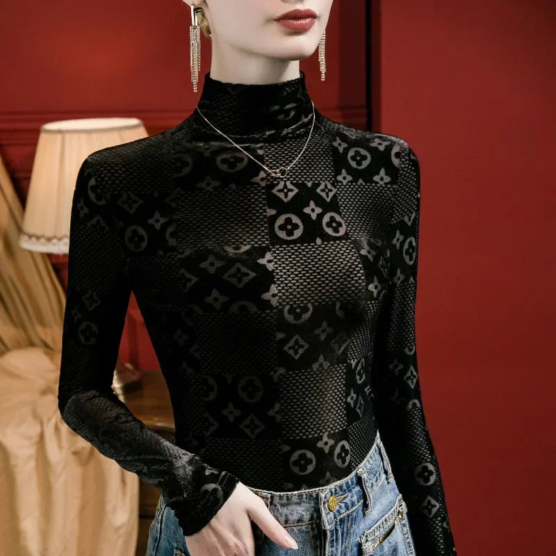 New 2025 Women Tops Print Flocking Winter Autumn T-Shirt Female Clothing Sexy Crop Tops Clothes Casual Blouse Y2k Girl Alo