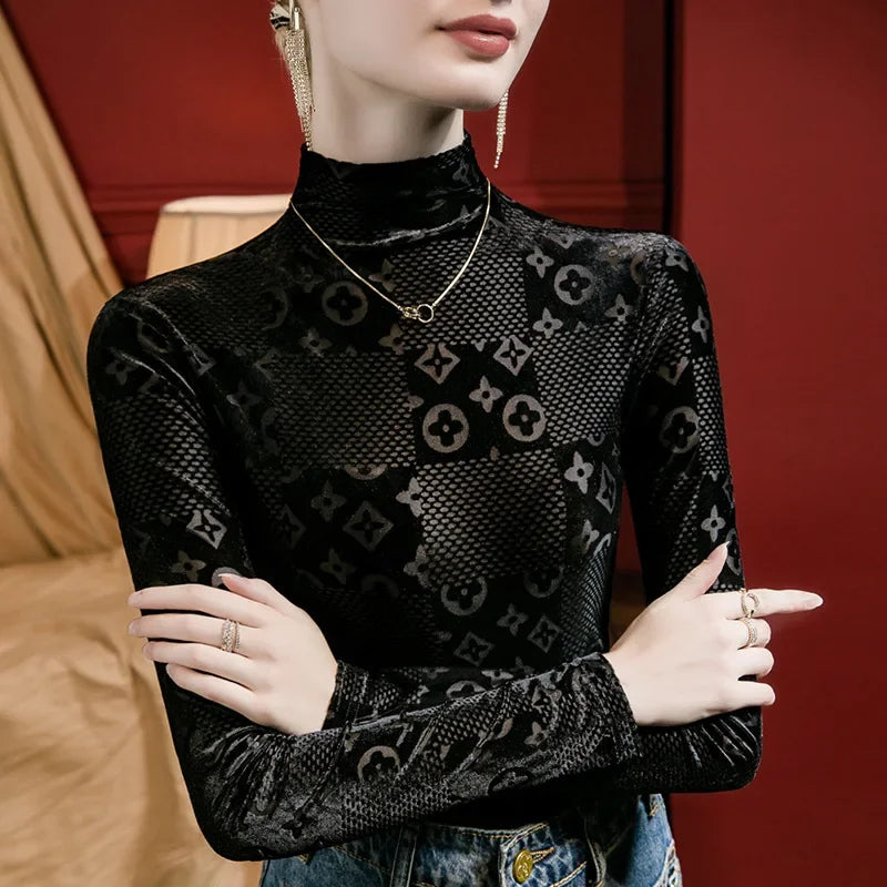 New 2025 Women Tops Print Flocking Winter Autumn T-Shirt Female Clothing Sexy Crop Tops Clothes Casual Blouse Y2k Girl Alo