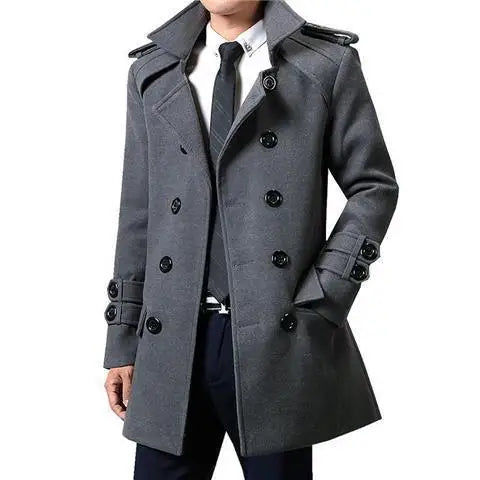 Winter Woolen Double-breasted Trench Coat For Men Medium-length Slimming Overcoat British Style