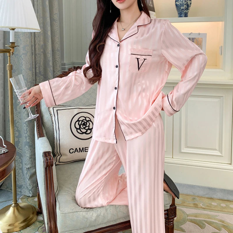 Women's Ice Silk Pajama Set Long Sleeve Long Pants Lightweight Sleepwear for Spring And Autumn Comfortable Homewear Pj Set