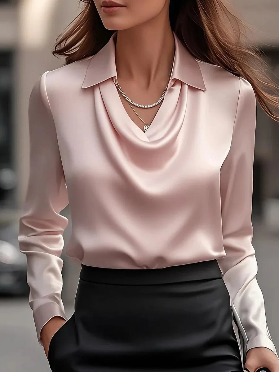 2025 Autumn Elegant Women's Satin Shirt Blouse Print V-neck Swing Neck Long-sleeved Solid Color Loose Shirt Casual Top Office