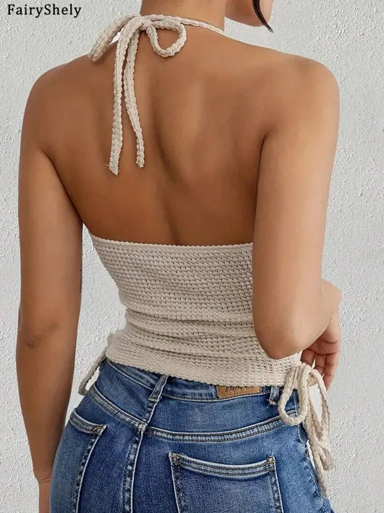Fairyshely 2025 Sexy Female Sleeveless Bodycon Top Women Tied Halter Short Vest Summer Lady Backless Off Shoulder Club Crop Tops