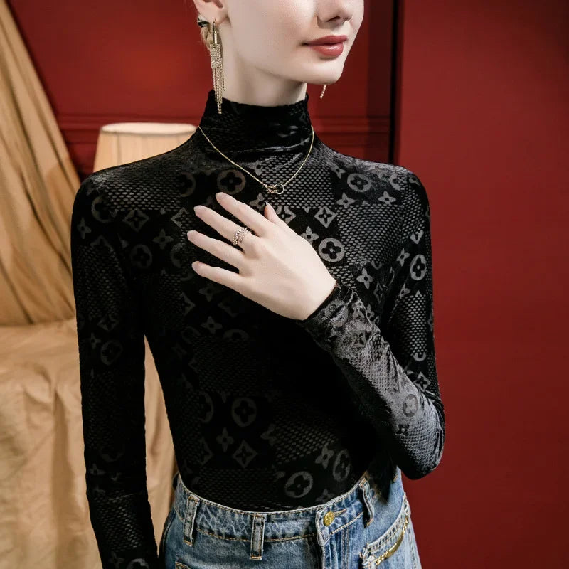 New 2025 Women Tops Print Flocking Winter Autumn T-Shirt Female Clothing Sexy Crop Tops Clothes Casual Blouse Y2k Girl Alo